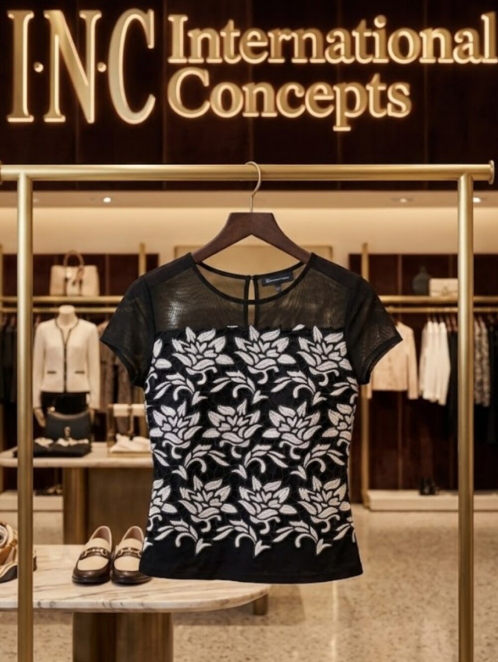 INC International Concepts Black Floral Embroidery Sheer Mesh Top NWOT
